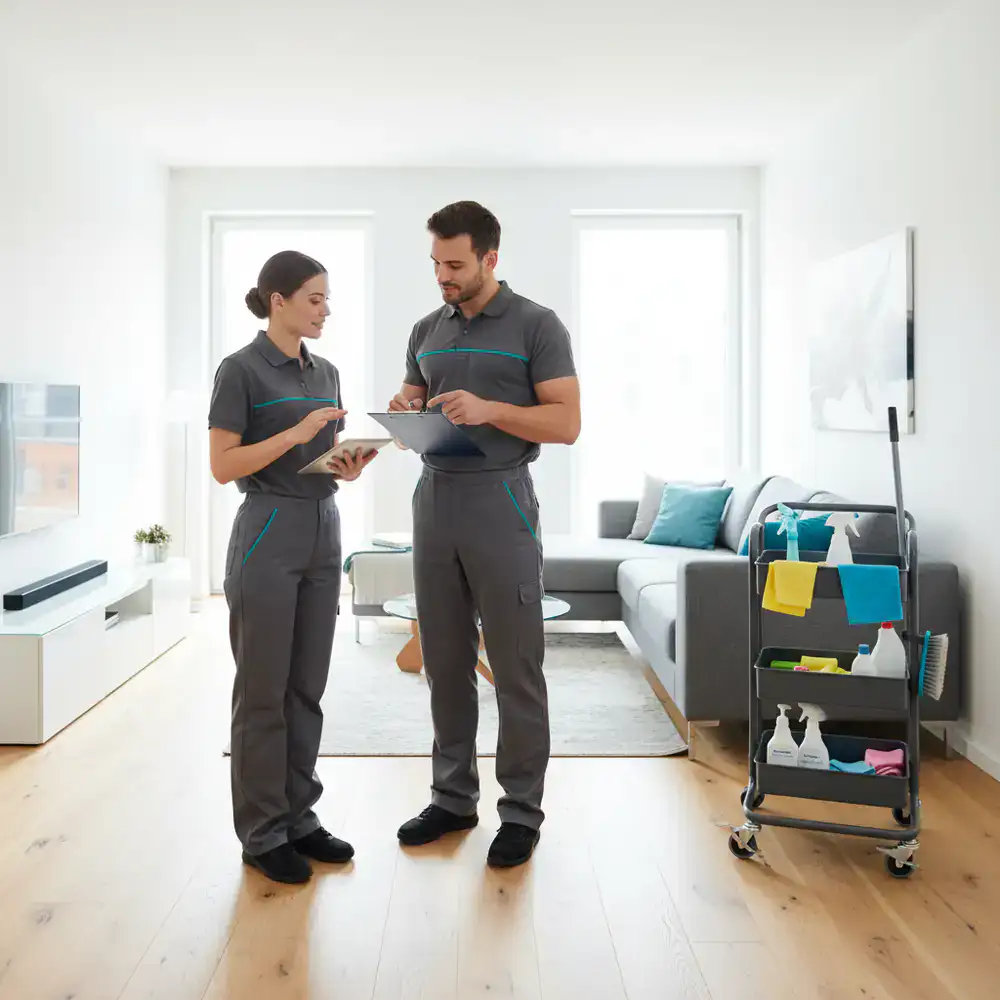 Professional cleaners discussing a service checklist in a bright modern home