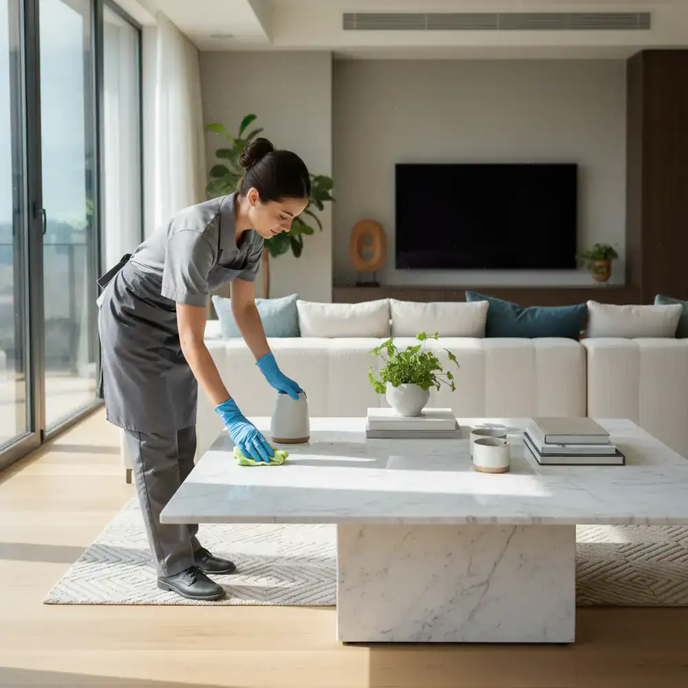 Professional cleaner organizing and wiping a modern living room surface