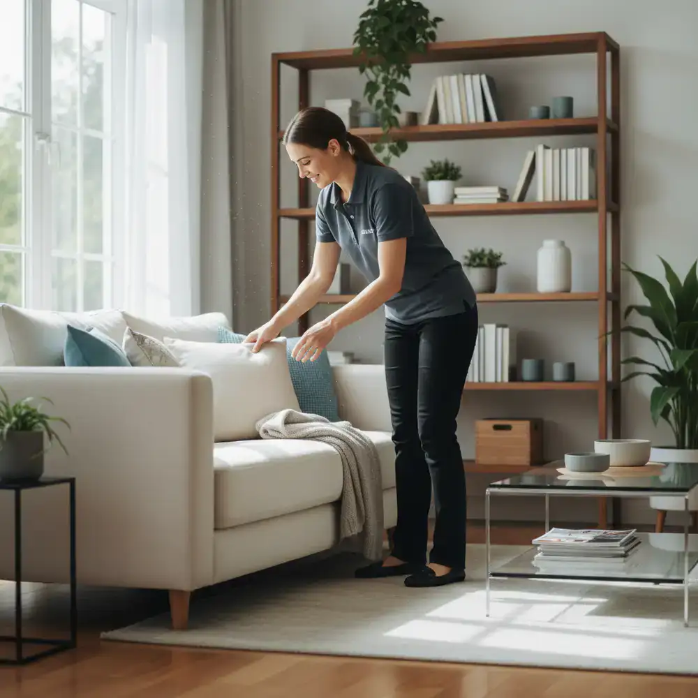 Cleaning professional smiling while organizing a living space