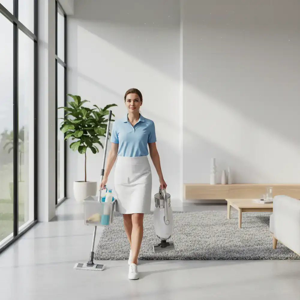 Professional cleaner carrying cleaning supplies into a modern home
