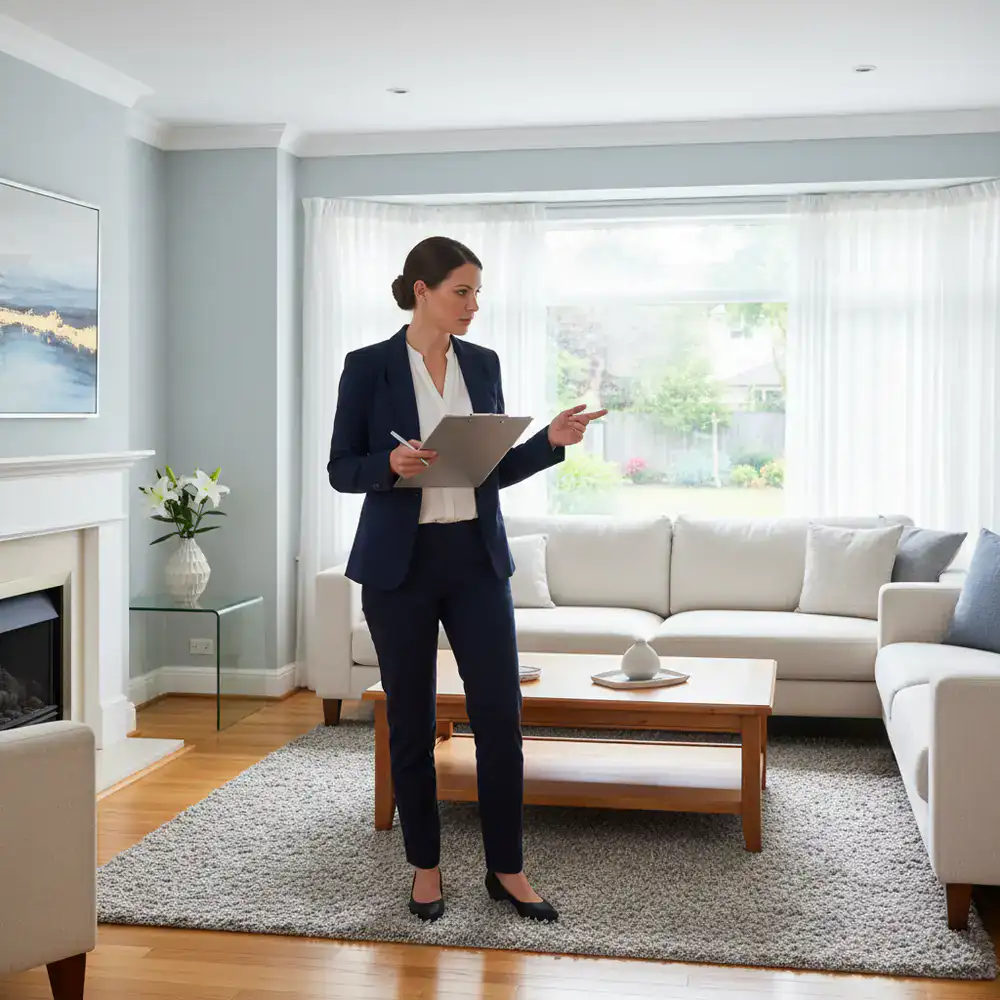 Inspector holding a clipboard reviewing a freshly cleaned living room