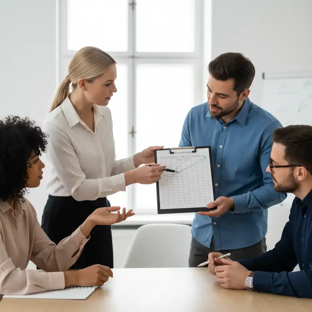 Team discussing quality checklist on a clipboard