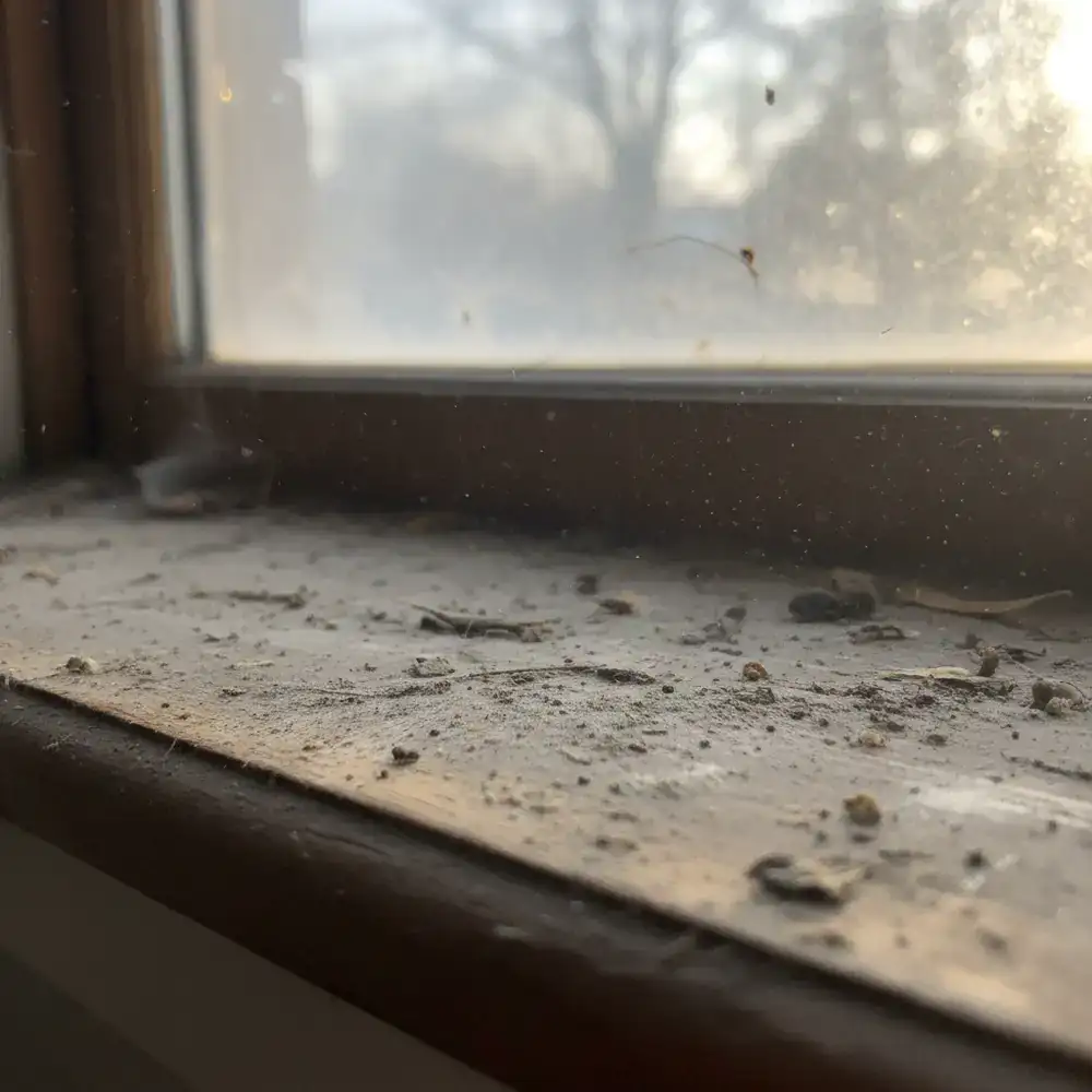 Dusty window sill before cleaning
