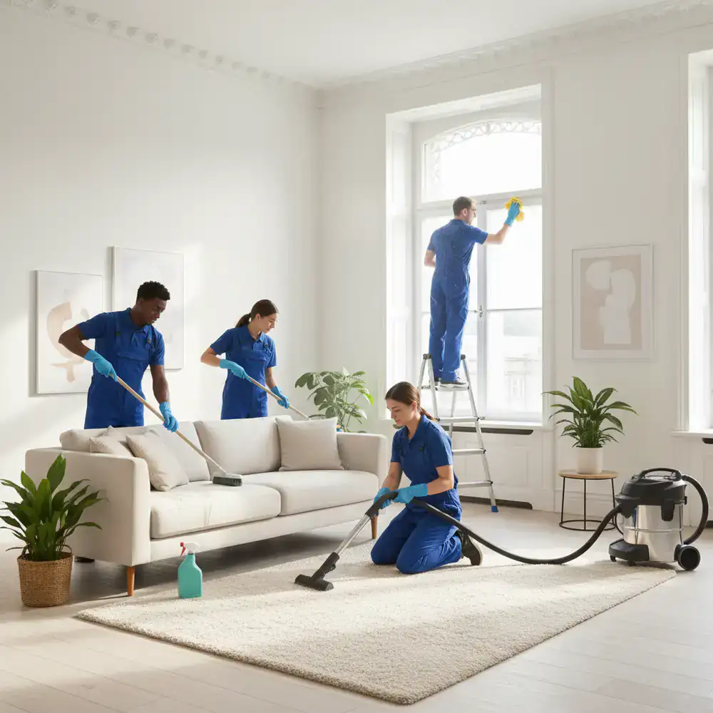 Professional cleaning team performing an intensive deep clean in a bright living room